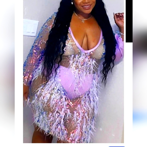 X plus wear purple plus size party see thru mini feather dress with  size XL - Picture 2 of 6